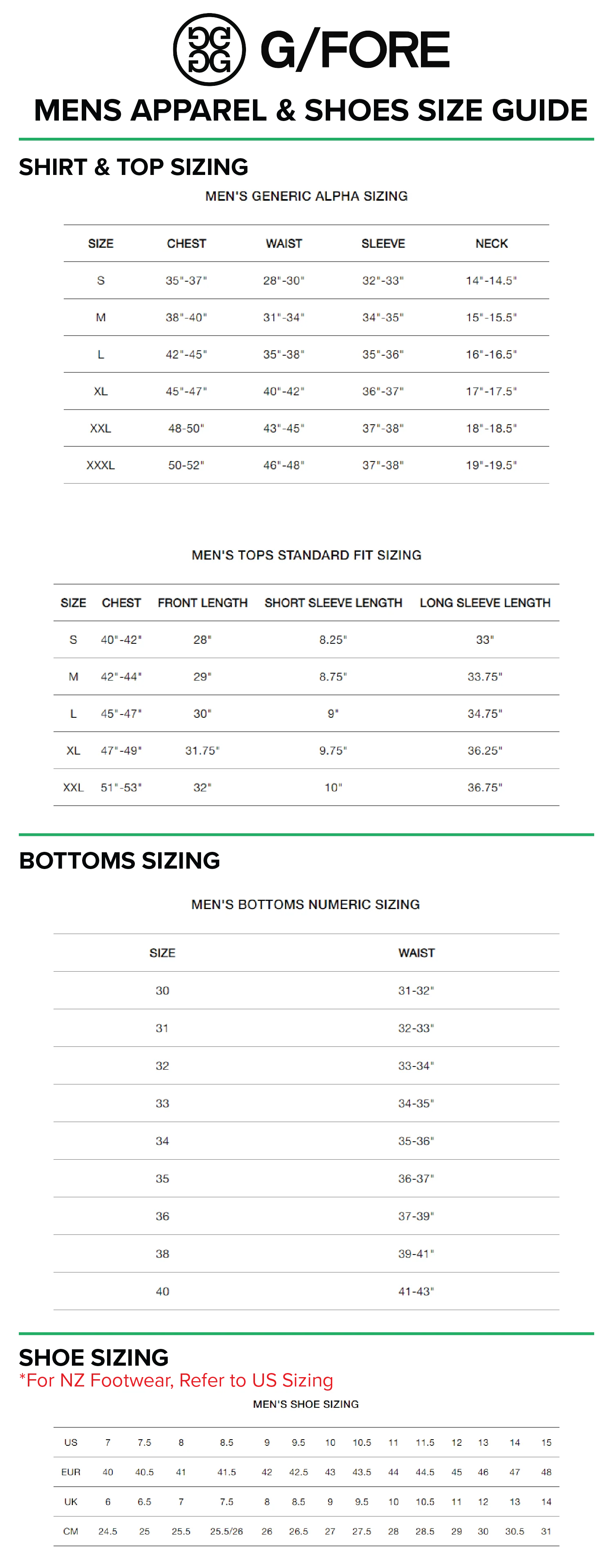 G/Fore mens size chart