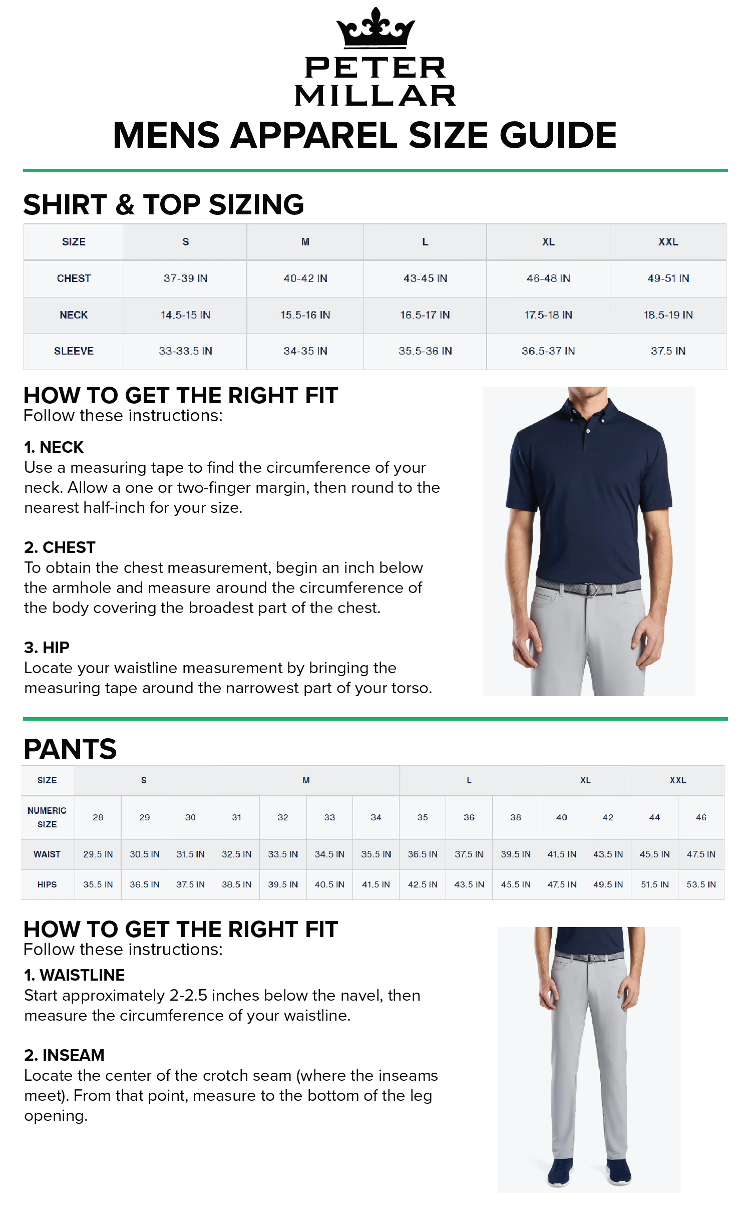 Peter Millar mens size chart