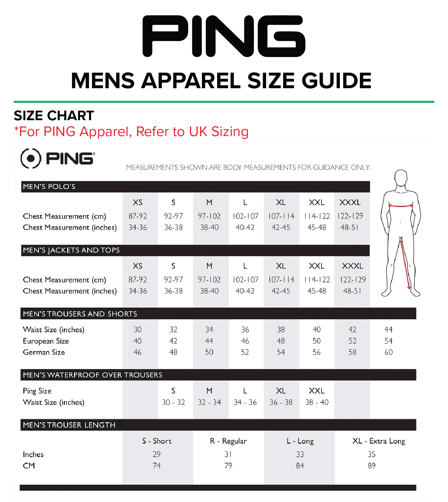 PING mens size chart