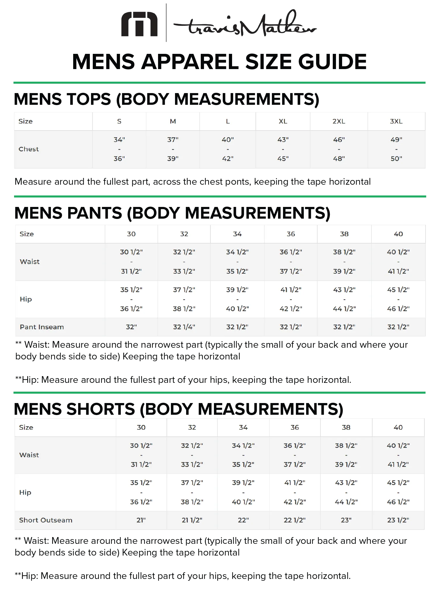 TravisMathew mens size chart