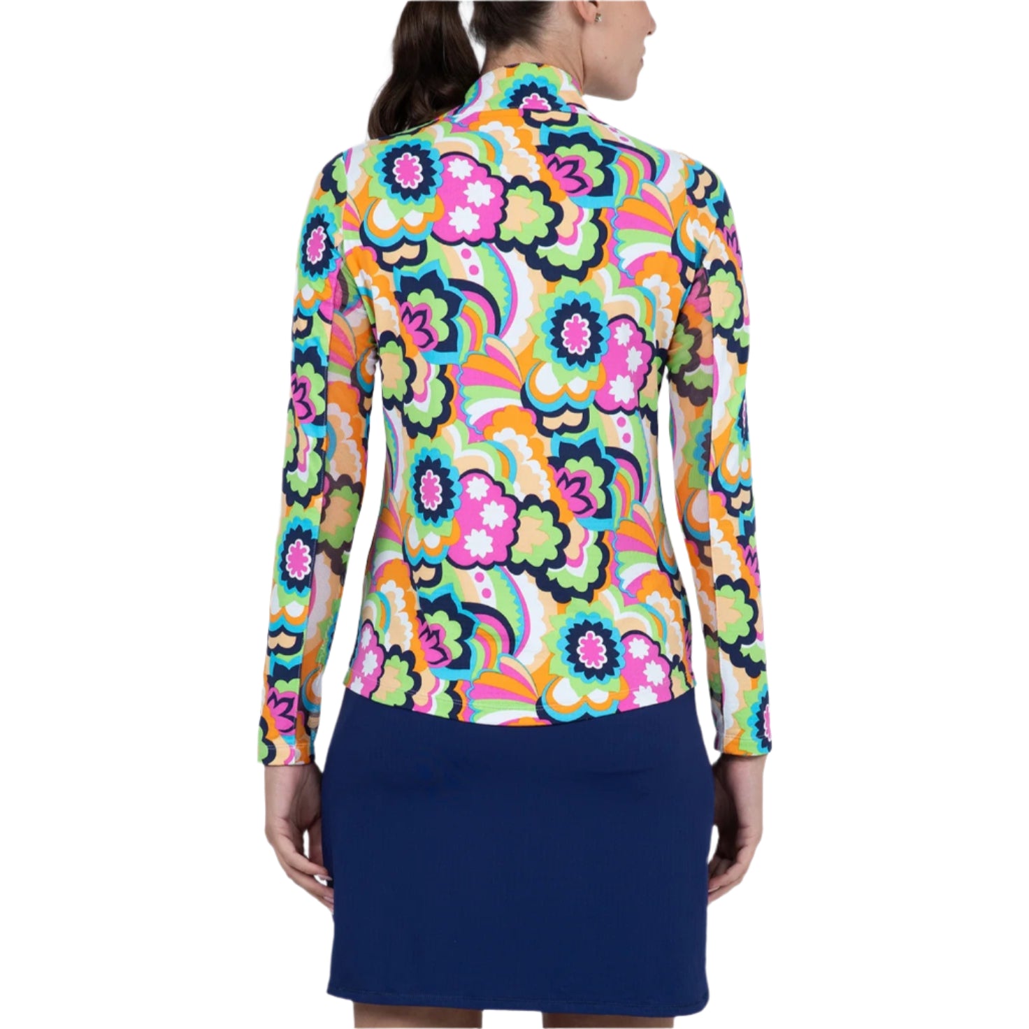IBKUL Ladies Yolanda Print Long Sleeve Mock Neck Top - Hot Pink Multi