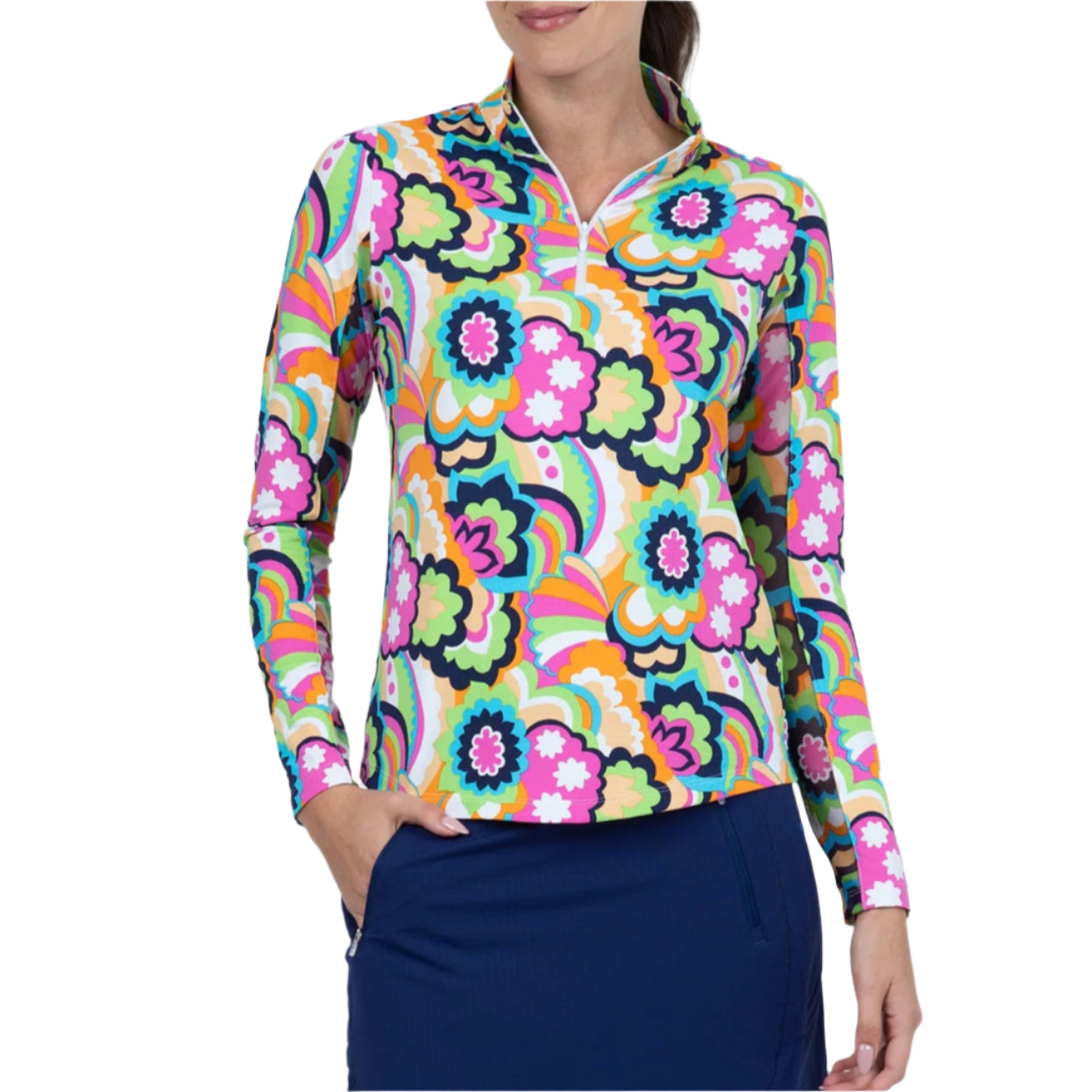 IBKUL Ladies Yolanda Print Long Sleeve Mock Neck Top Hot Pink Multi