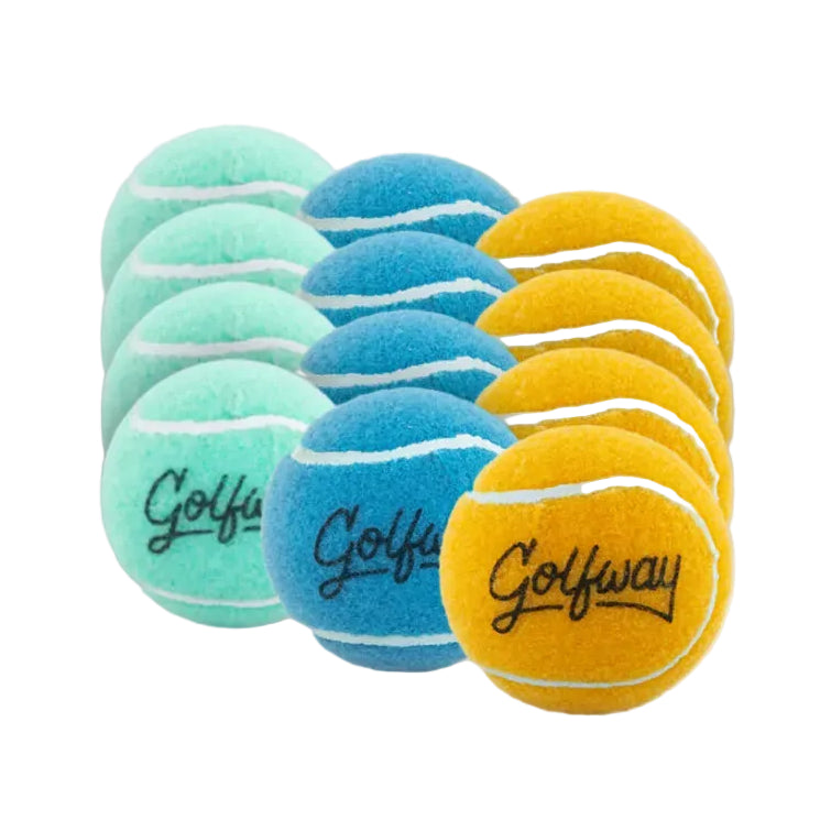 Set of colorful tennis balls with 'Golfway' branding on a white background