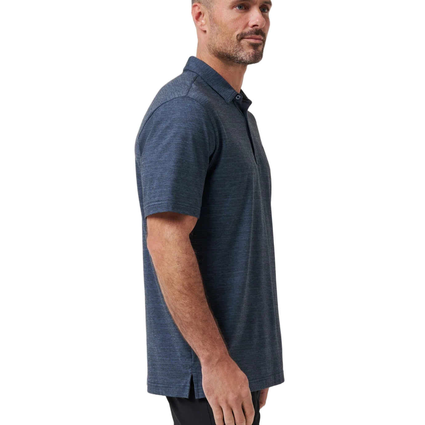 Man wearing a blue polo shirt against a white background