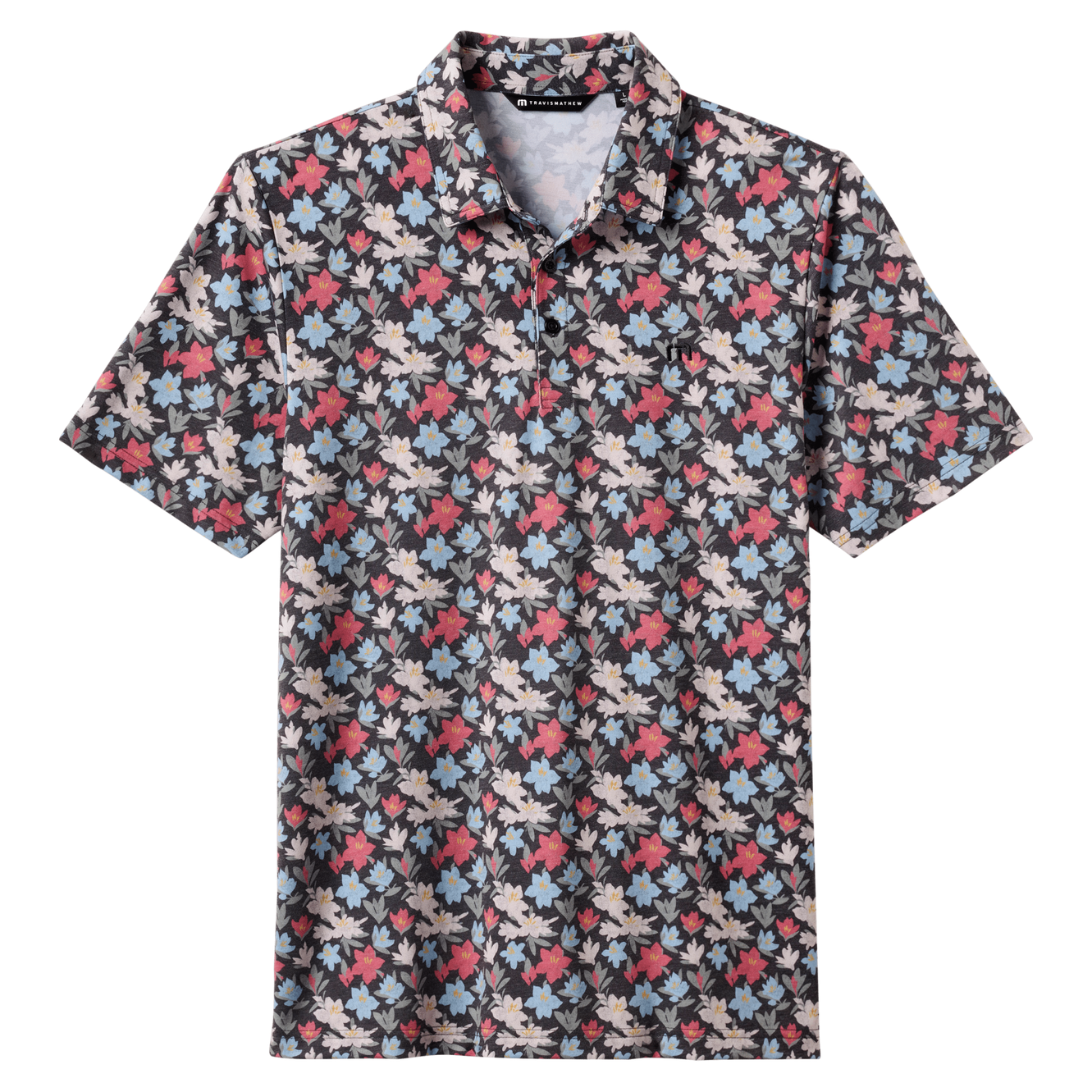 Short-sleeve shirt with floral pattern on a white background