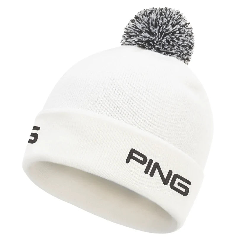 White beanie with black pom-pom and 'PING' logo on a white background