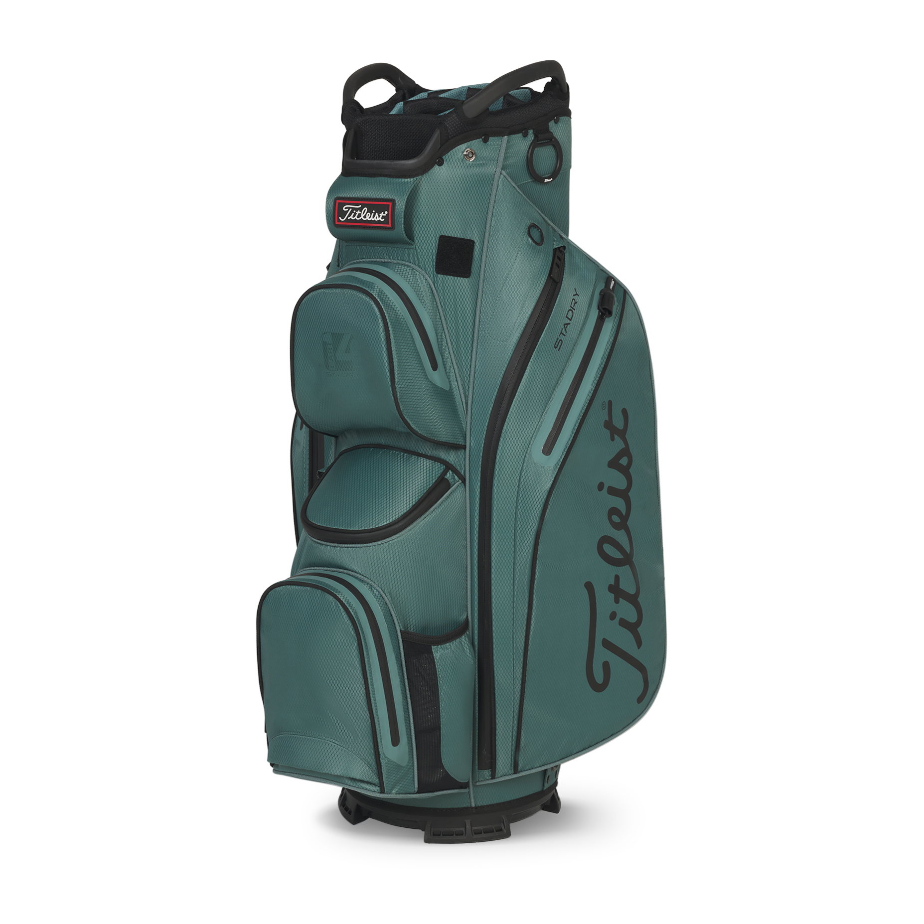 Green golf bag with black accents on a white background