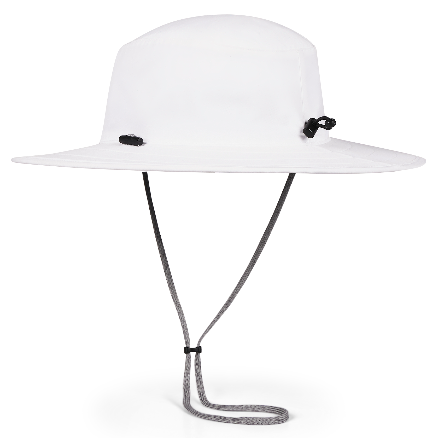 White wide-brimmed hat with black straps on a white background