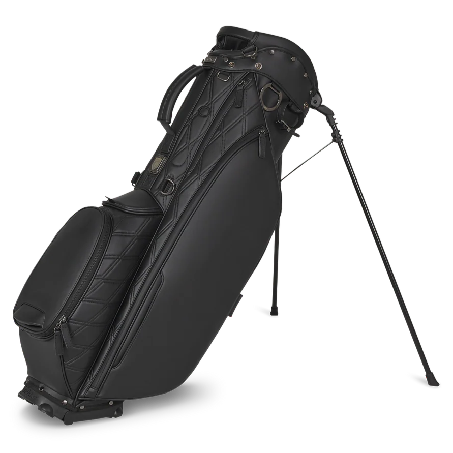 Black golf bag with stand on a white background