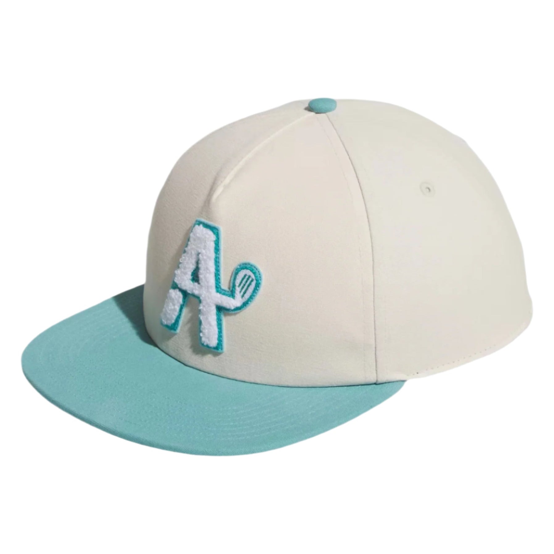 Beige and teal cap with a logo on a white background