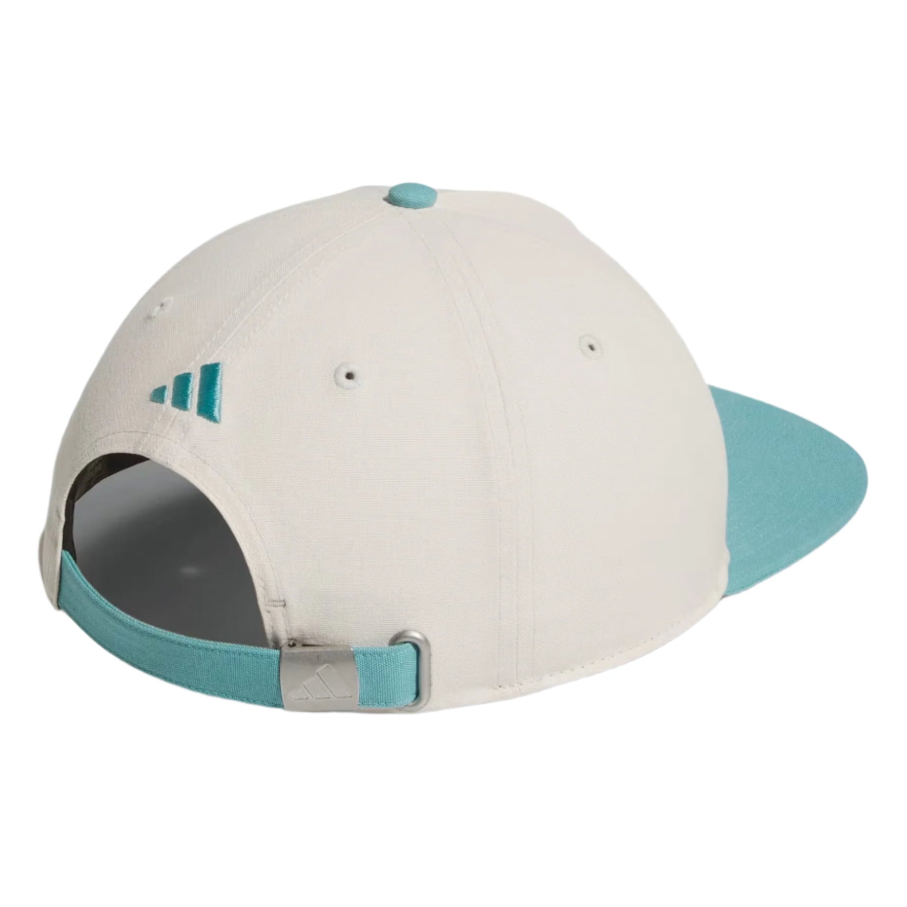 Beige and teal cap with Adidas logo on a light gray background
