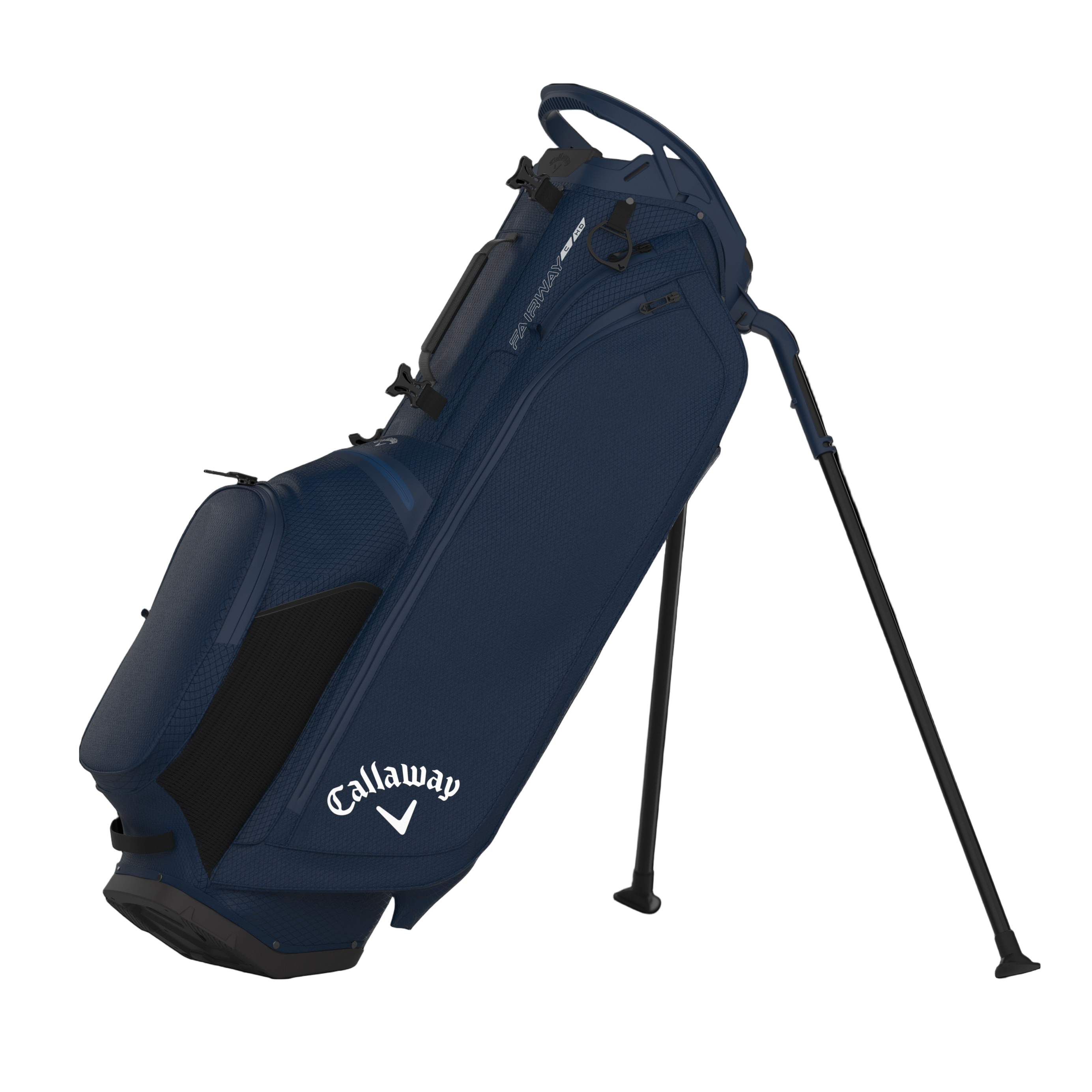 Navy Callaway golf bag with stand on a white background