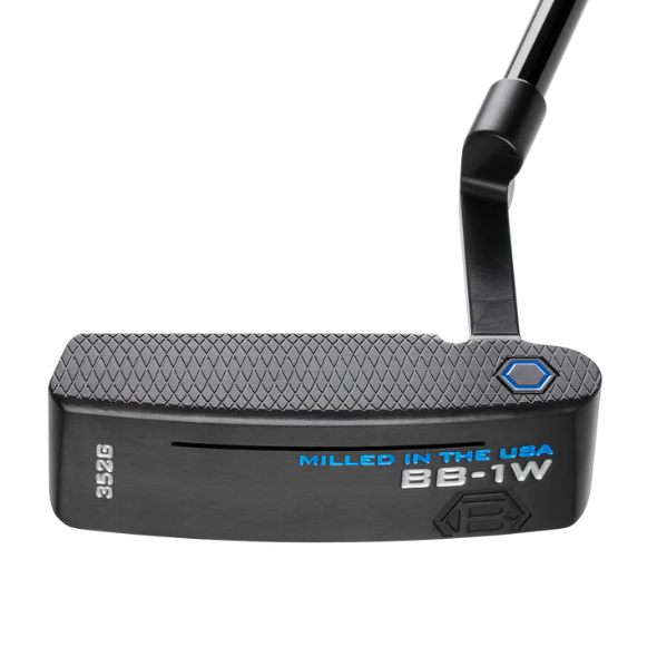 A black Bettinardi BB1 Wide putter with a silver and blue accent on the top. The putter has a refined blade-style headshape with a soundslot through the flange.