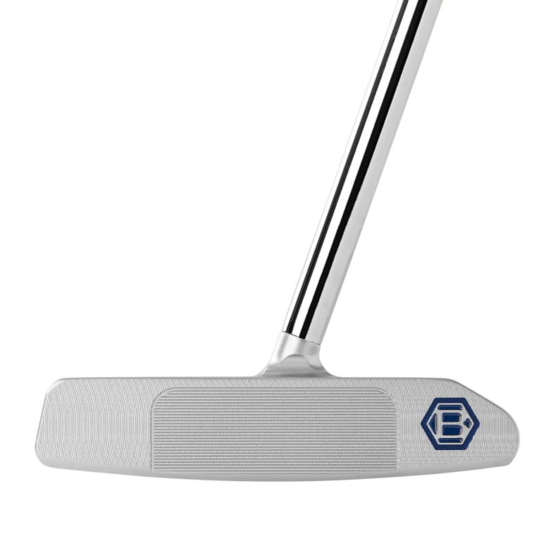 Golf putter with a white head and black shaft on a white background