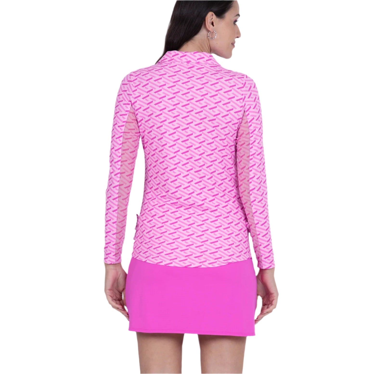 IBKUL Ladies Fatima Print Adjustable Length Long Sleeve Polo - Hot Pink/Candy Pink
