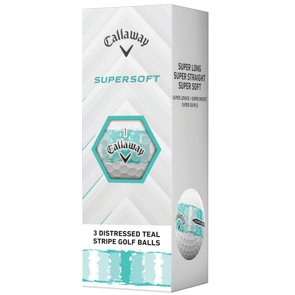 Callaway Supersoft golf ball packaging with a teal stripe design on a white background