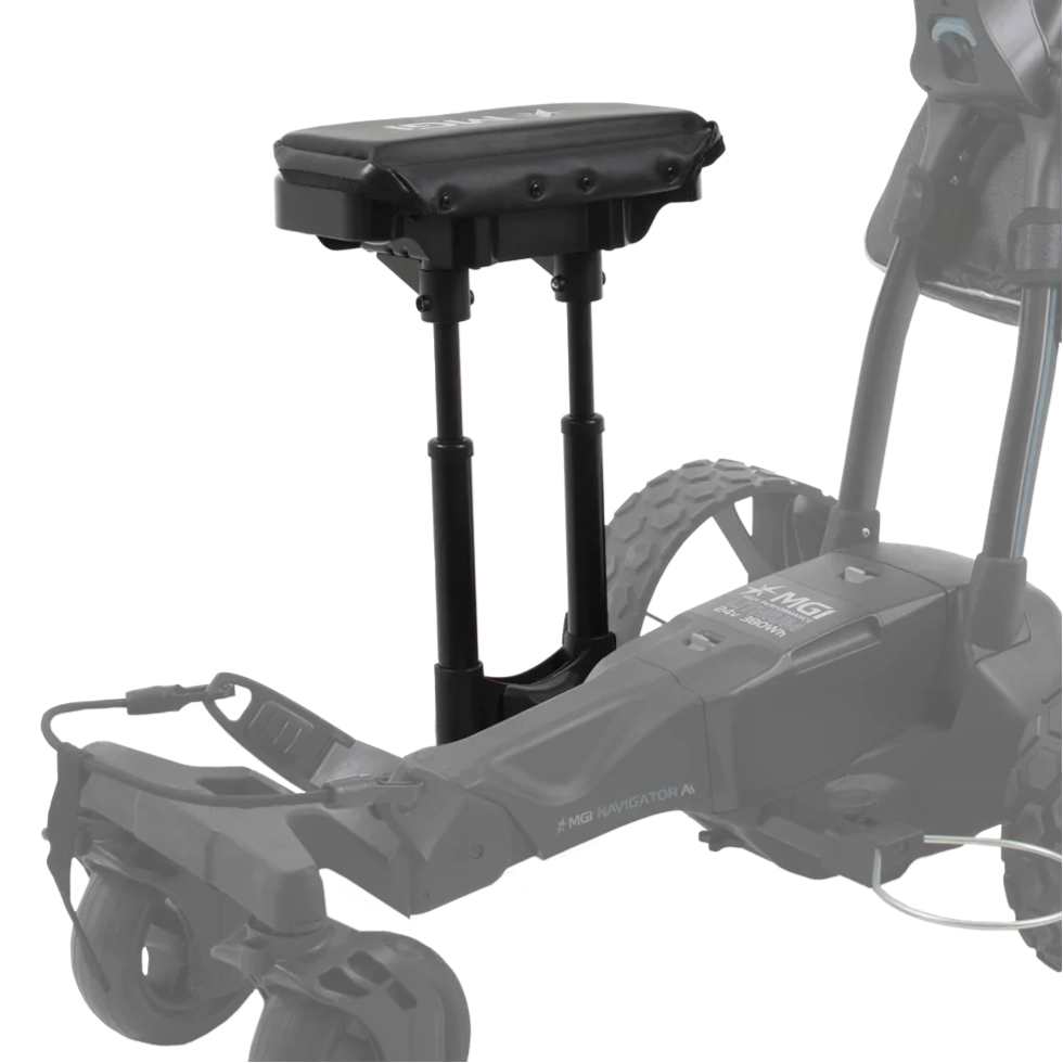 Golf trolley with a black adjustable seat on a white background