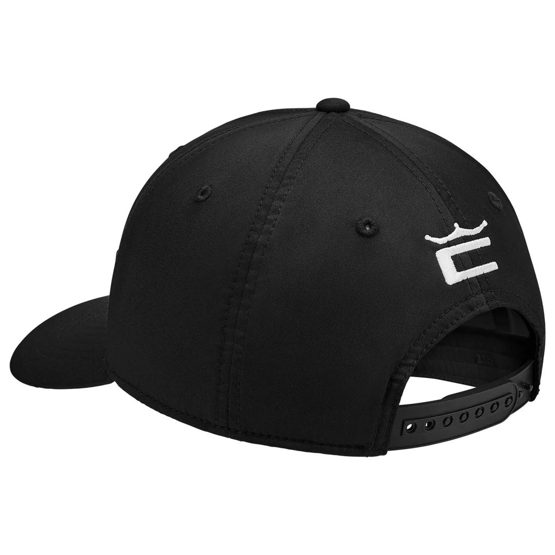 Black cap with a white logo on a white background