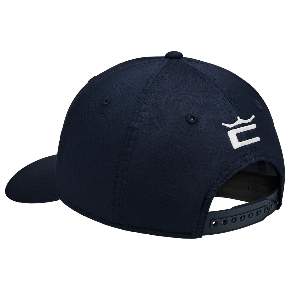 Navy blue cap with a white logo on a white background