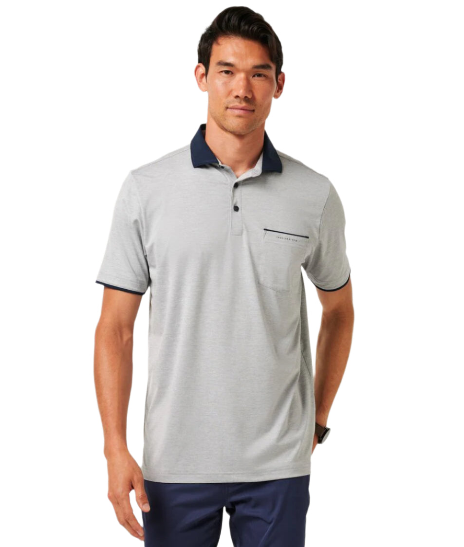 Gray polo shirt with navy accents on a white background