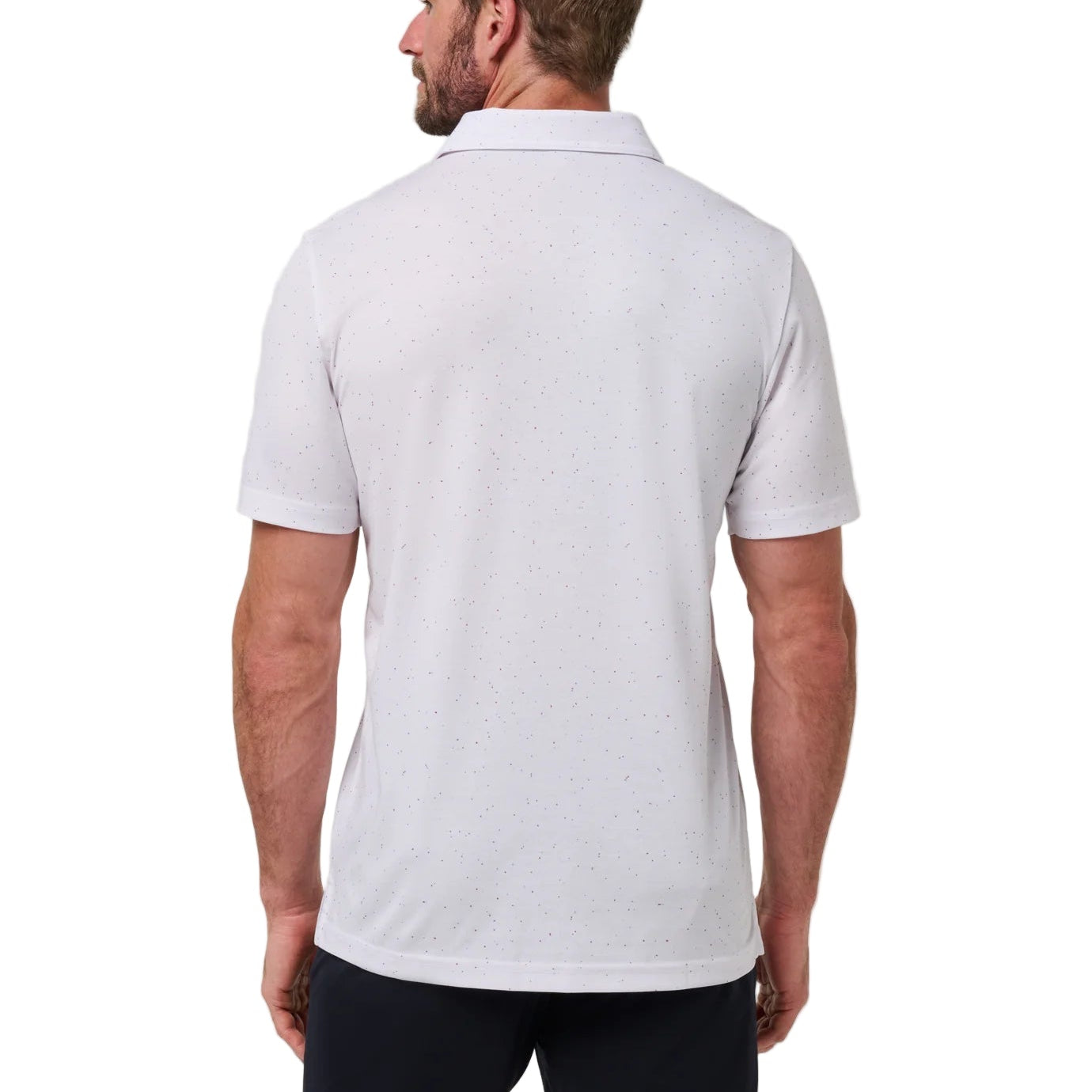 Man wearing a white polo shirt on a white background