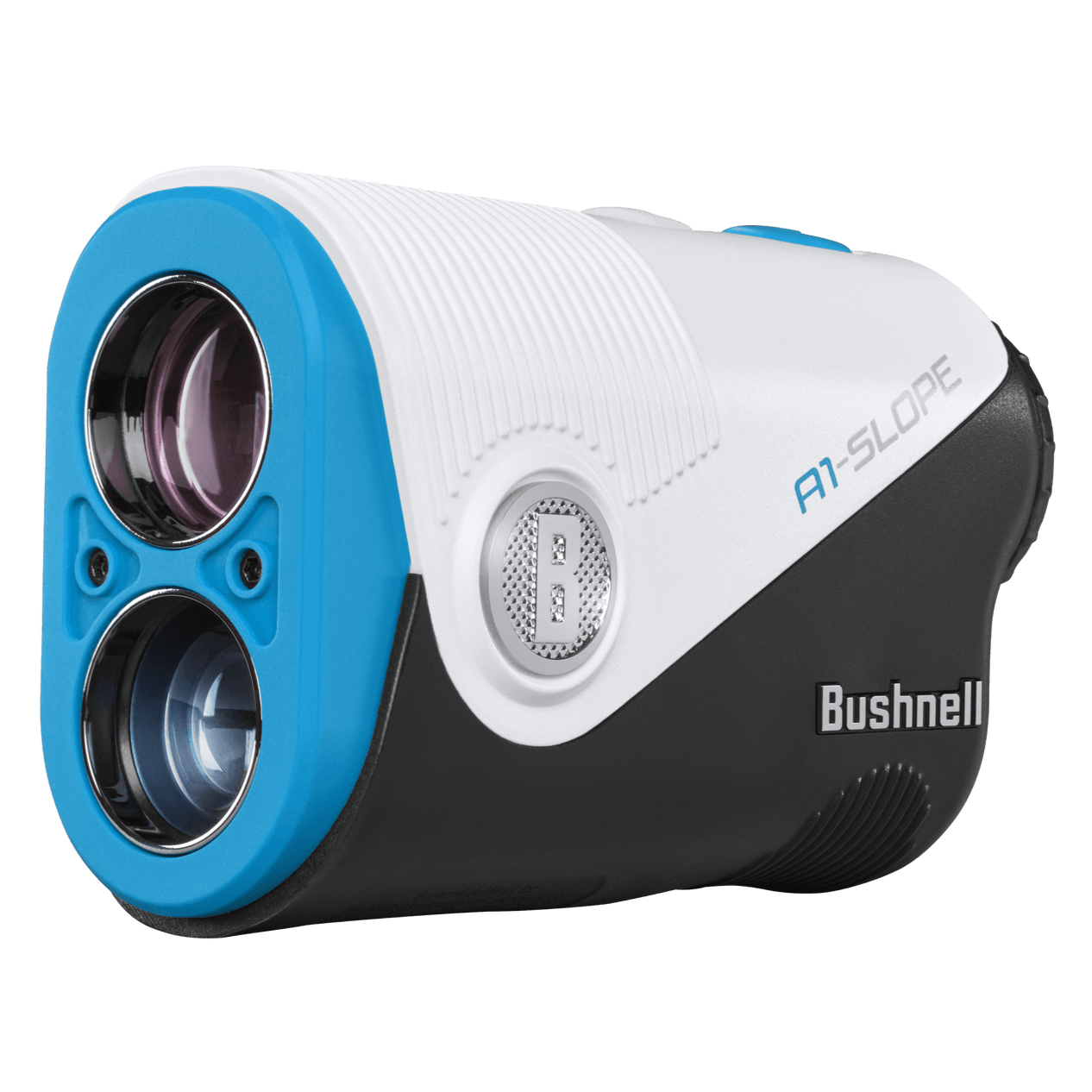 Bushnell A1-Slope laser rangefinder, featuring a white body with blue accents, showing the device's lens and buttons.