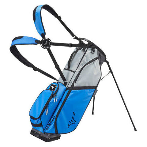 A blue and gray Mizuno stand bag with black straps, buckles, and kickstand, shown on a solid white background.