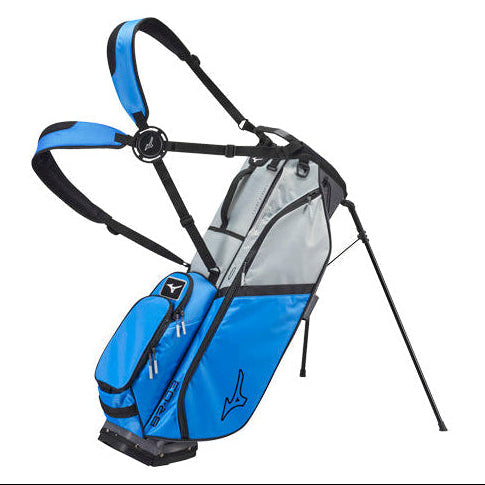 A blue and gray Mizuno stand bag with black straps, buckles, and kickstand, shown on a solid white background.