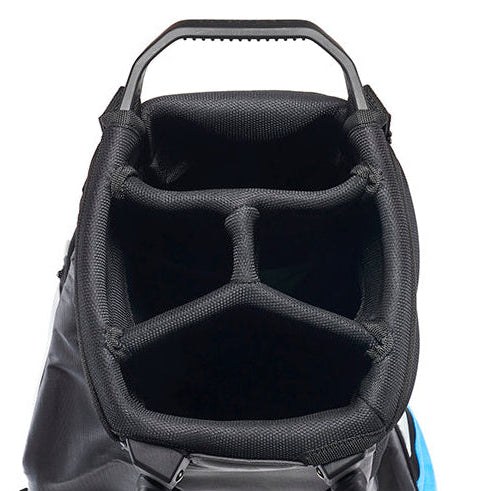 Close-up of the interior of a black golf bag, showing the padded compartment walls and top handle against a white background.