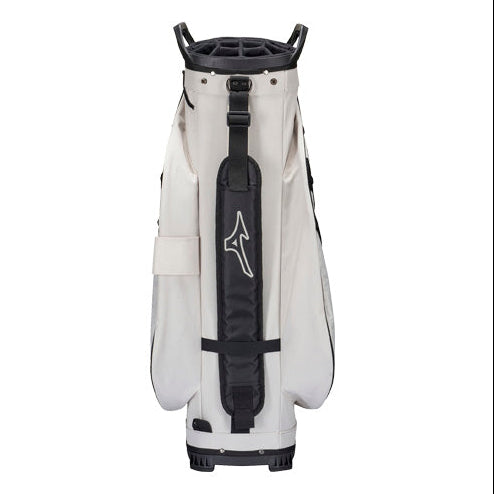 A golf stand bag in off-white and black, featuring a prominent black vertical strap with a white stylized logo on the front, set against a plain white background.