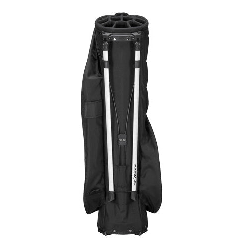 mizuno stand bag in black with white writing 