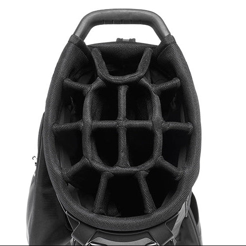 mizuno stand bag in black with white writing 