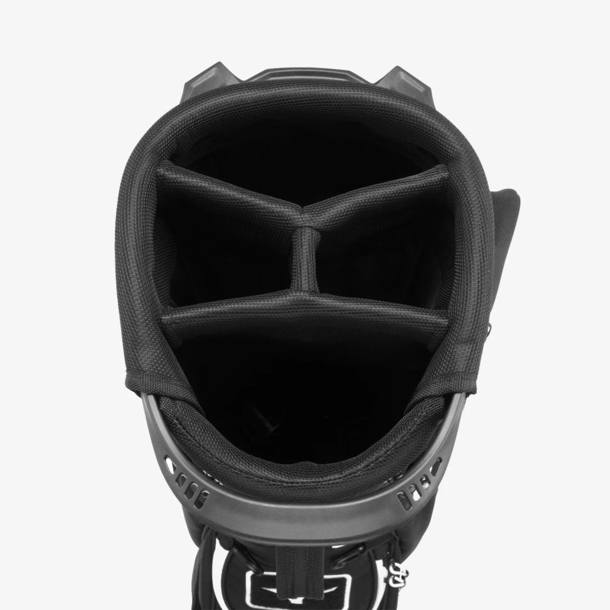 Black golf bag with multiple compartments on a white background