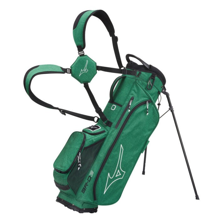 Green golf bag with black accents on a white background