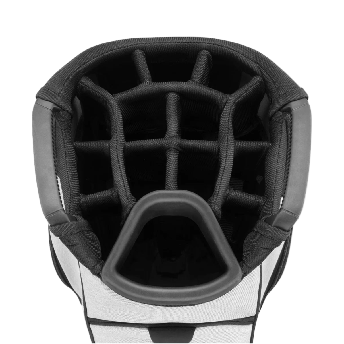 Close-up of a golf bag with black interior and white exterior on a white background