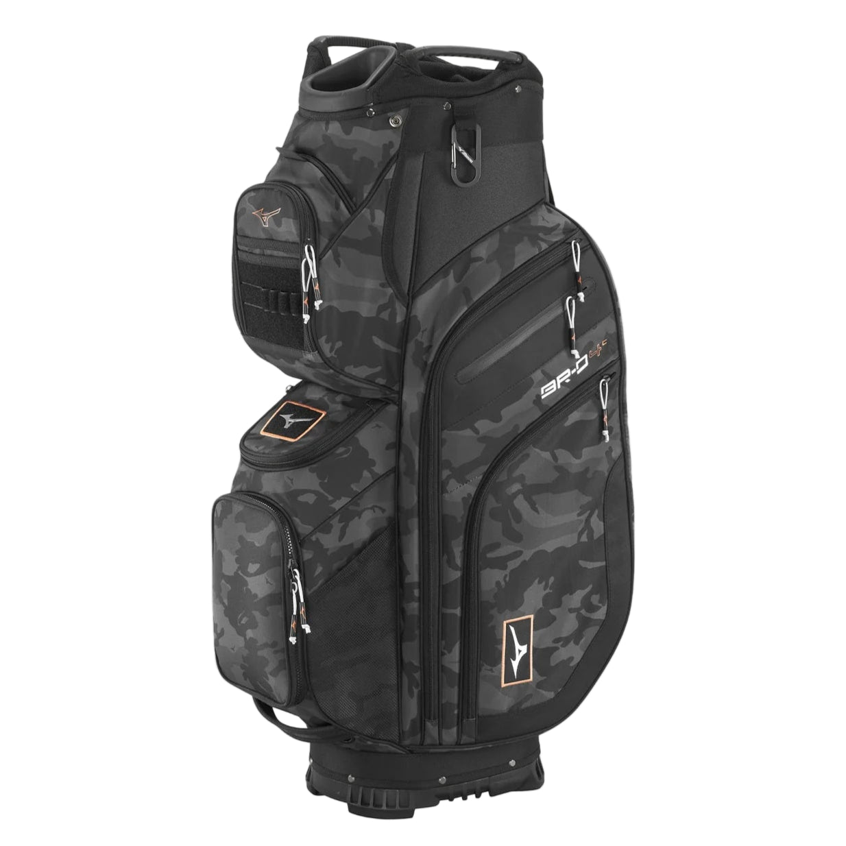 Black and gray camouflage golf bag on a white background