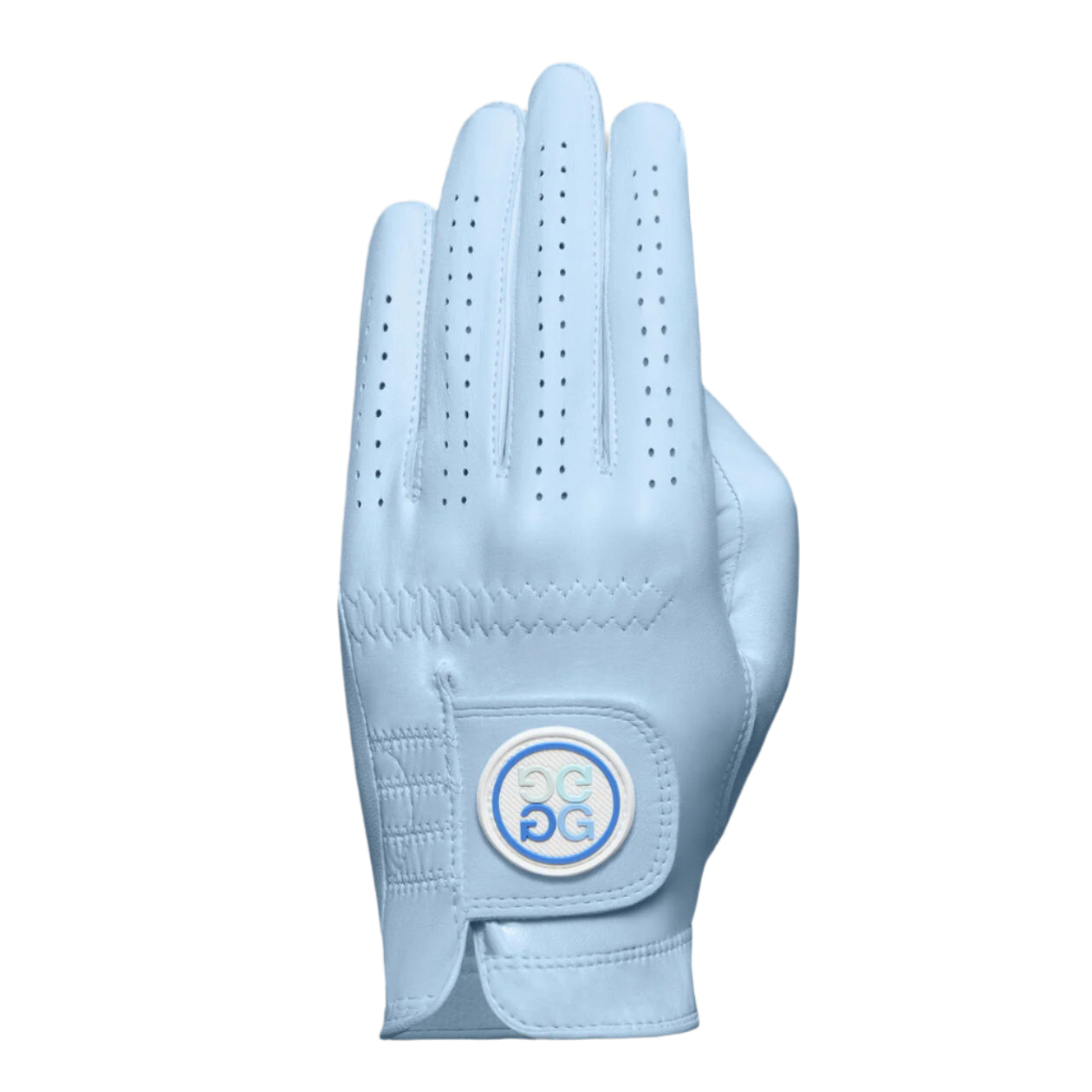 Light blue golf glove with a brand logo on a gray background