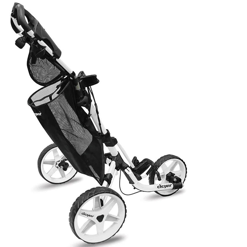 Clicgear golf push cart with black bag on a white background