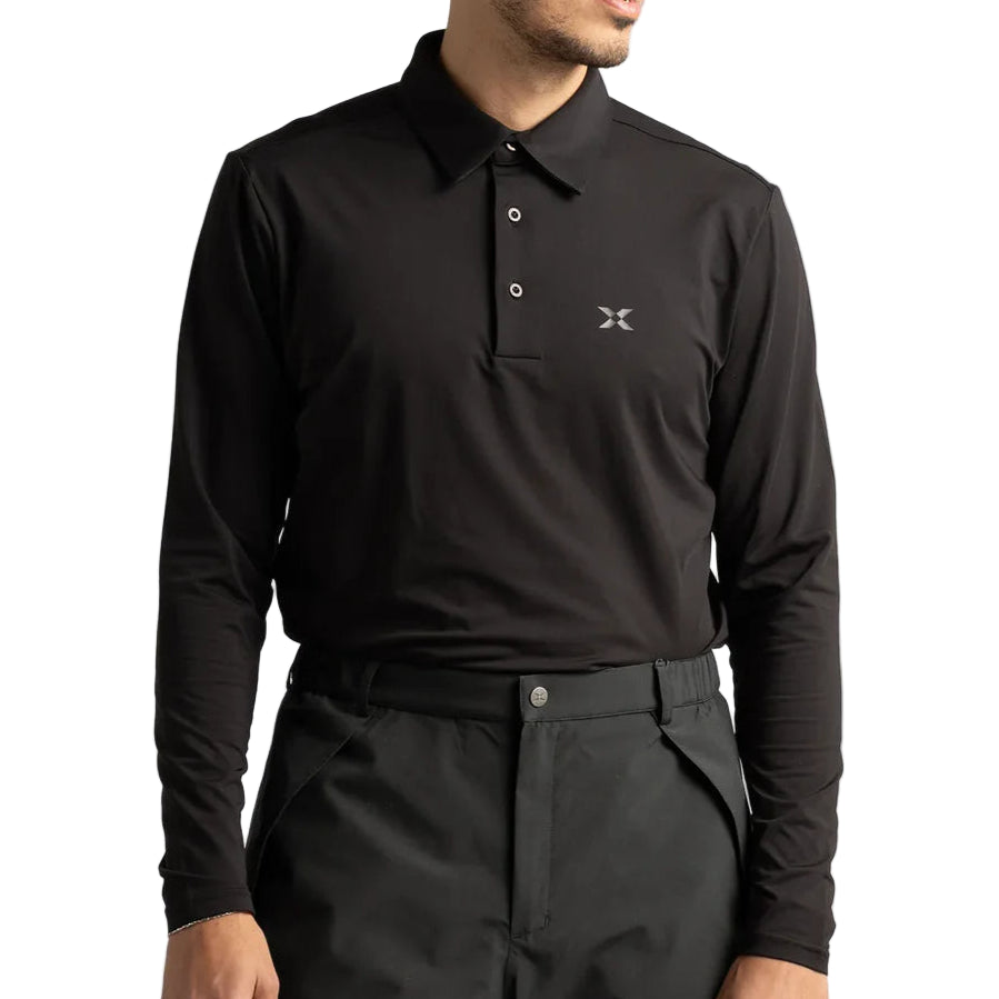 Man wearing a black long-sleeve polo shirt with a logo on a light gray background