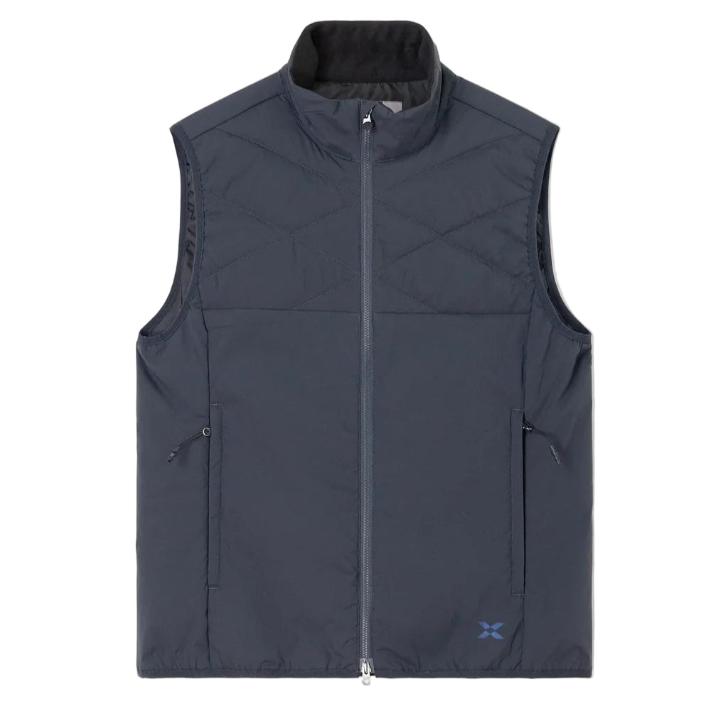 Dark gray vest with a brand logo on a white background