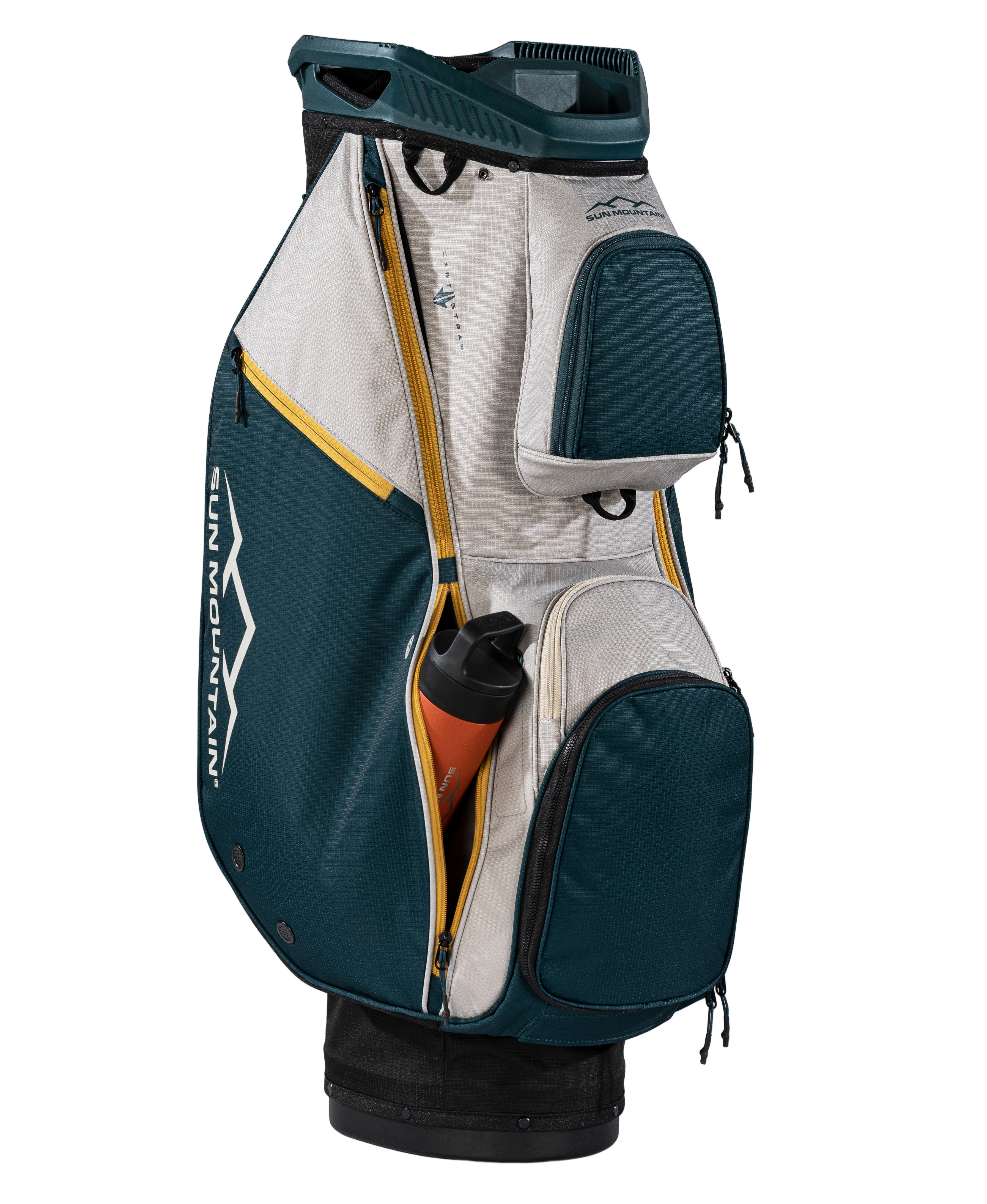 Green and gray golf bag with a water bottle inside on a white background
