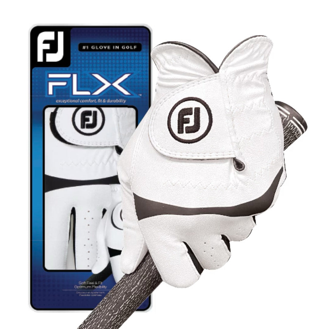 A white FootJoy golf glove with black detailing, featuring the FootJoy logo, displayed both on the hand and in its packaging.
