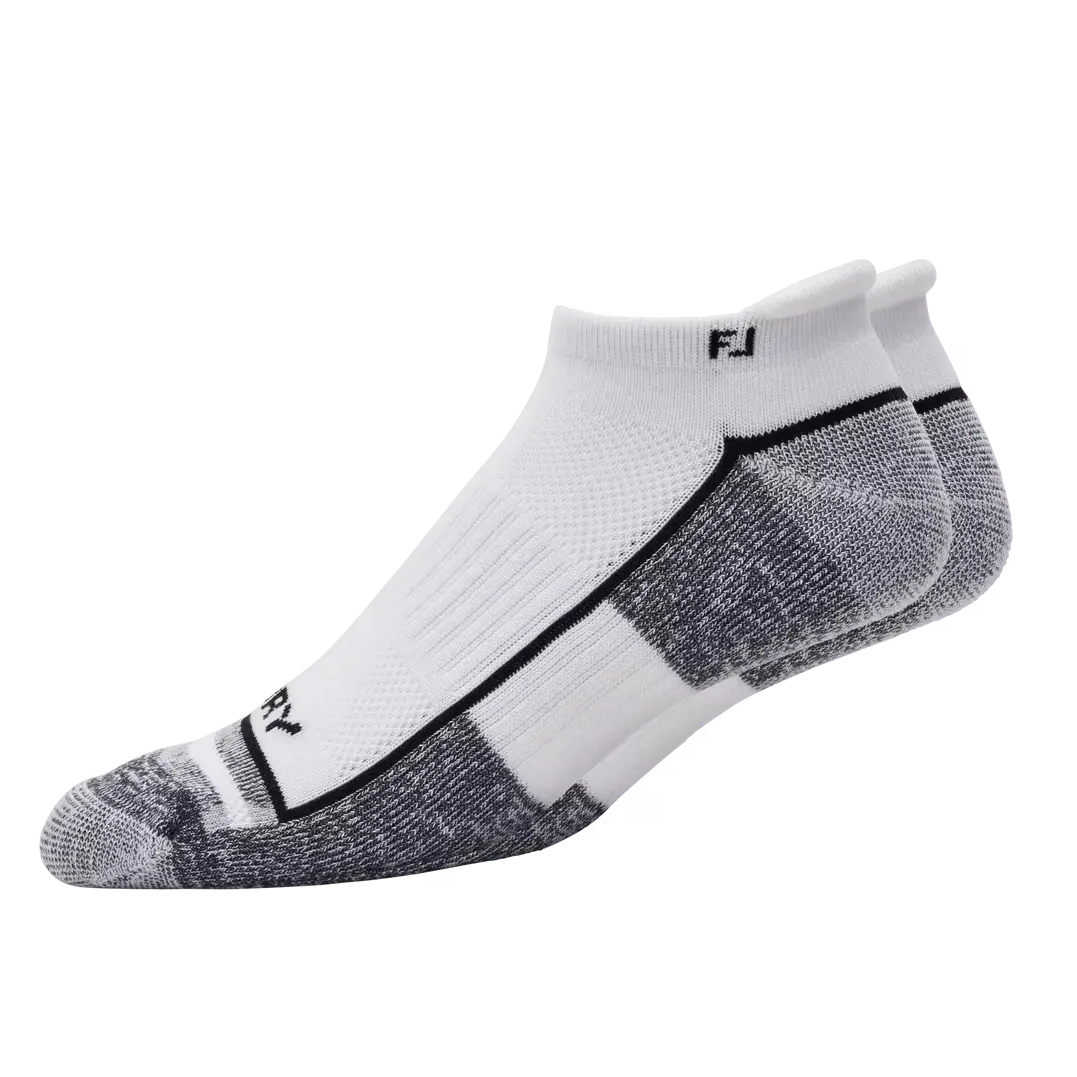 White and gray ankle socks with a brand logo on a white background