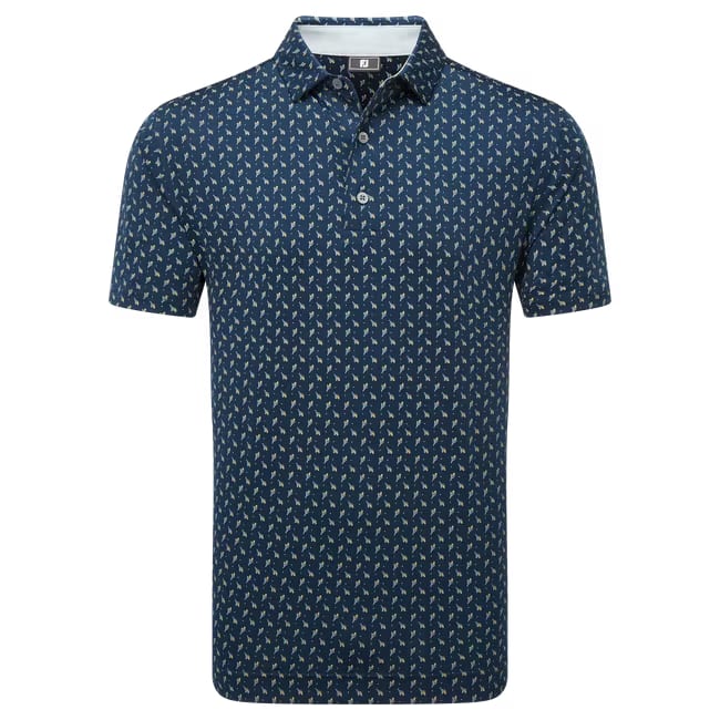 Navy blue polo shirt with small white pattern on a white background