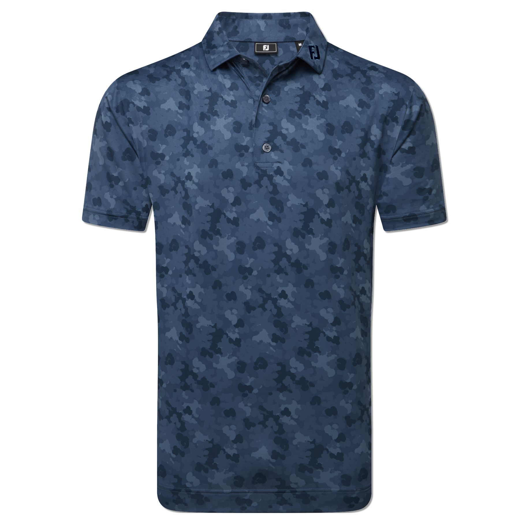 Blue camouflage patterned polo shirt on a white background