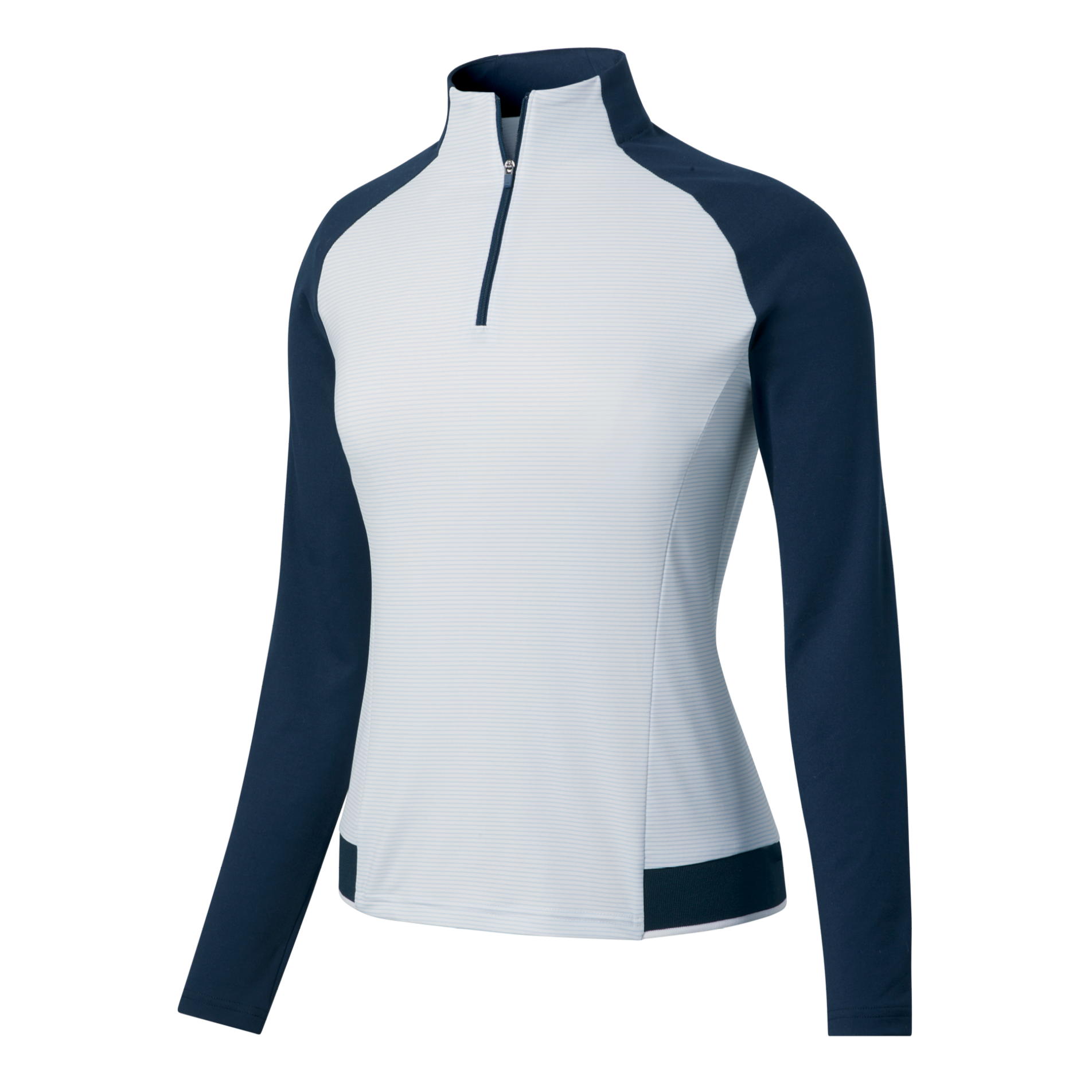 White and navy long-sleeve athletic top with a quarter zip on a white background