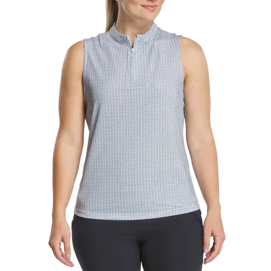 FootJoy Ladies Sleeveless Quarter Zip Shirt - White/Navy/Emerald