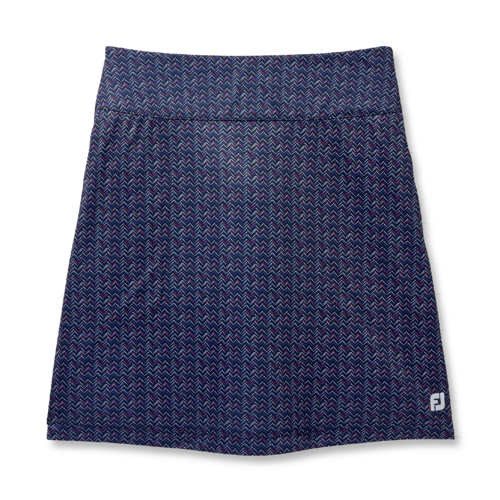 A blue knit skort with a geometric pattern, designed for women.