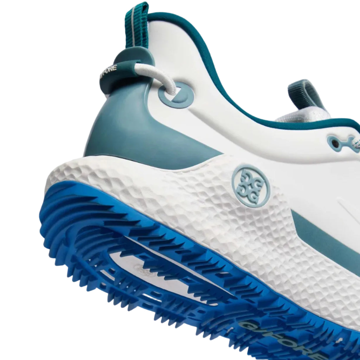White and blue athletic shoe with unique sole design on a light gray background