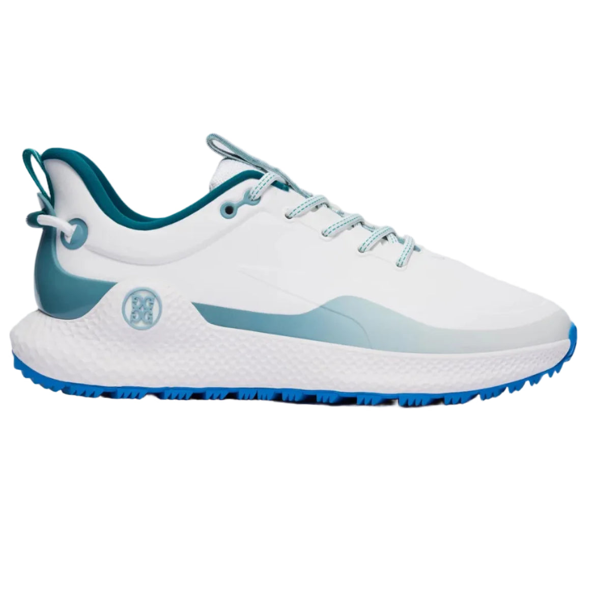 White and blue athletic shoe on a light gray background